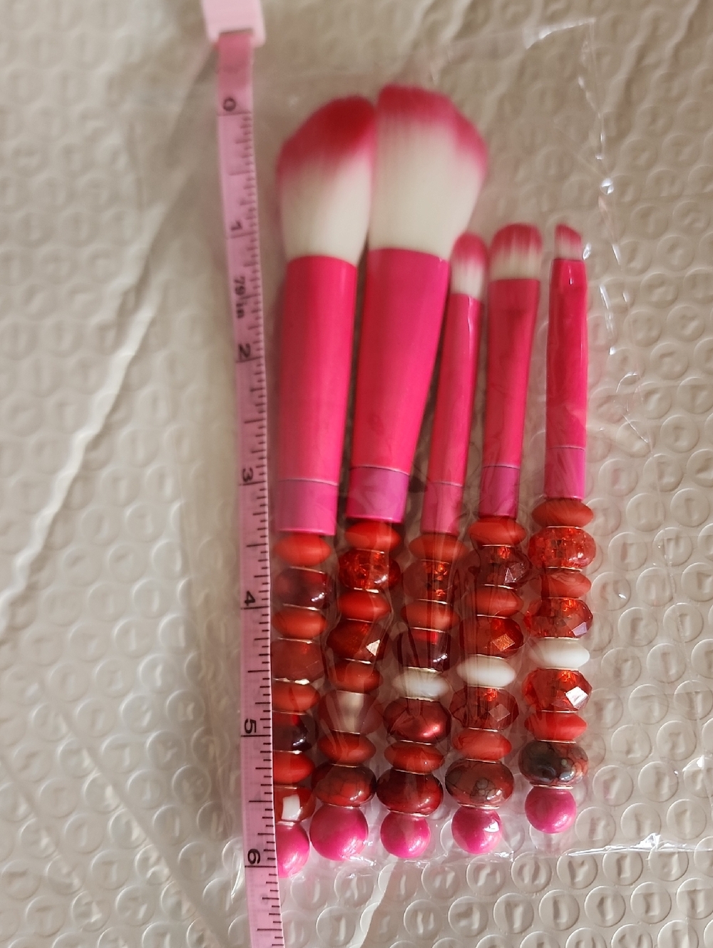 Hot Pink Makeup Brush Set with Beaded Handles